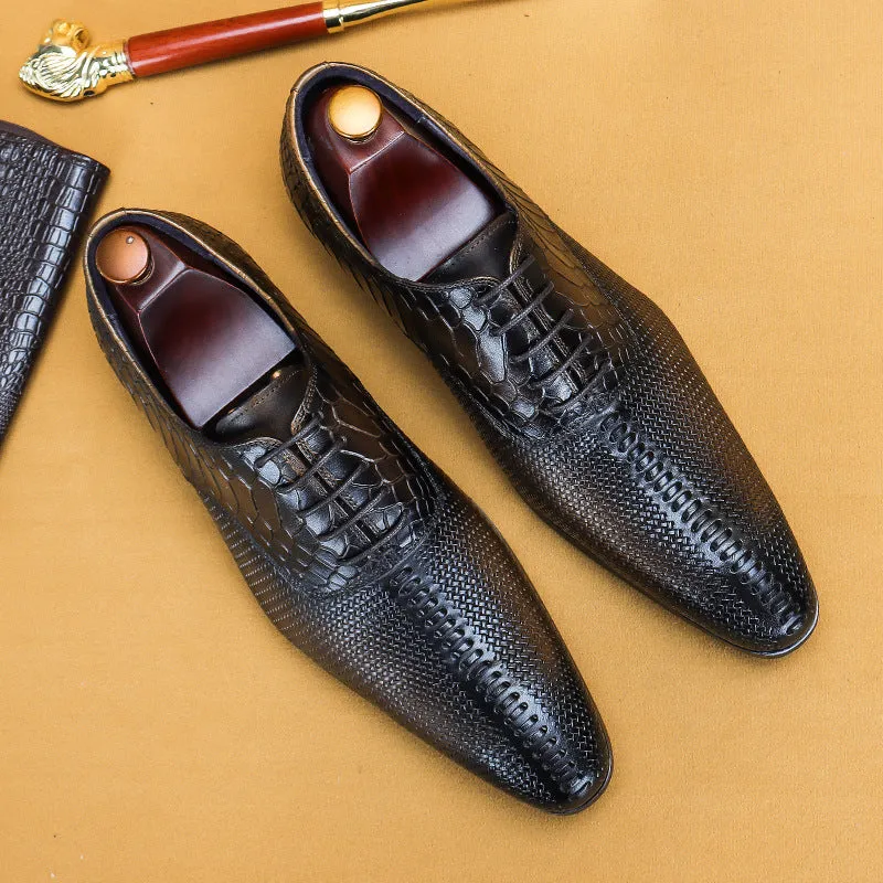 Top Layer Cowhide Men's Leather Shoes Genuine Leather Men's Shoes Top Layer Cowhide Formal Business Leather Shoes Pointed Crocodile Embossed Oxford Shoes68133