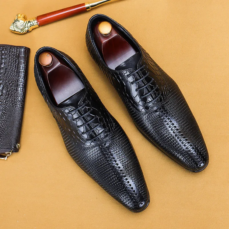 Top Layer Cowhide Men's Leather Shoes Genuine Leather Men's Shoes Top Layer Cowhide Formal Business Leather Shoes Pointed Crocodile Embossed Oxford Shoes68133