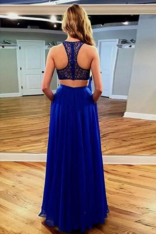 Two Piece Floor-Length Royal Blue Chiffon Prom Dress with Lace Pockets PG650
