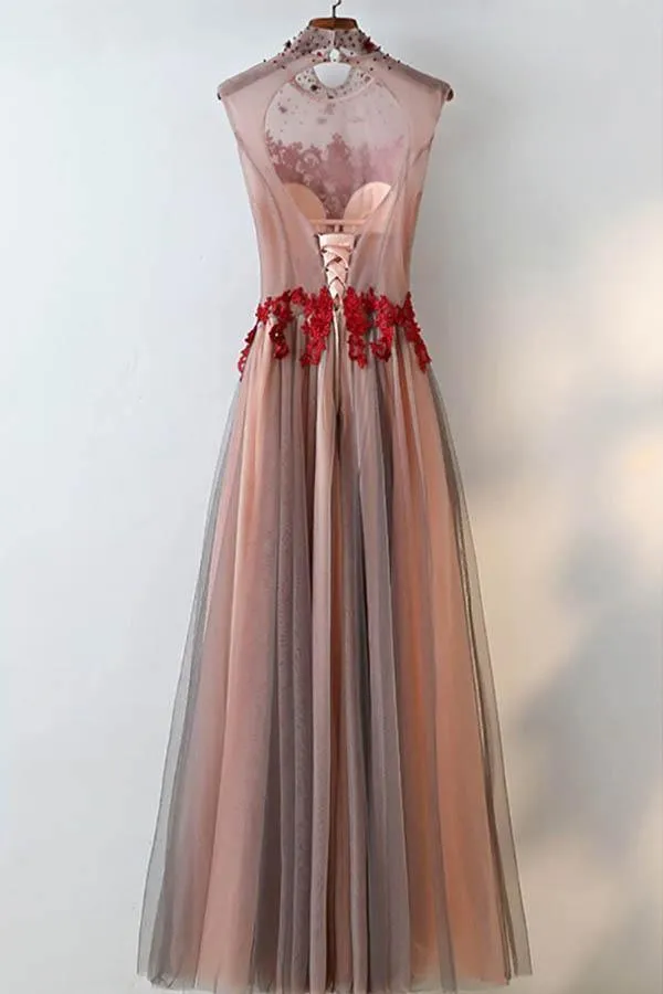 Unique High Neck Black Tulle And Red Lace Sleeveless Prom Dress   TD003