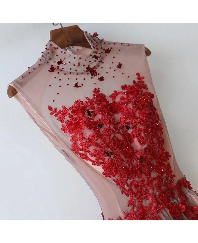 Unique High Neck Black Tulle And Red Lace Sleeveless Prom Dress   TD003