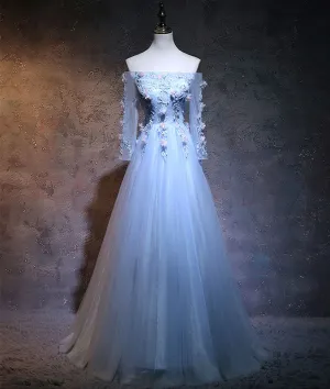 Unique tulle lace applique long prom dress, blue evening dress