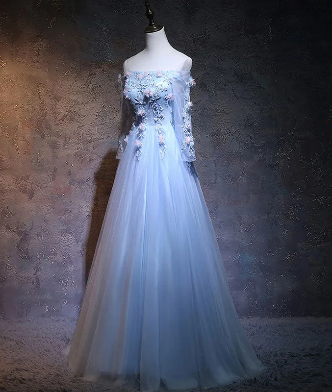 Unique tulle lace applique long prom dress, blue evening dress