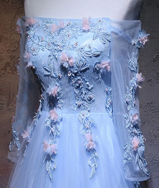 Unique tulle lace applique long prom dress, blue evening dress
