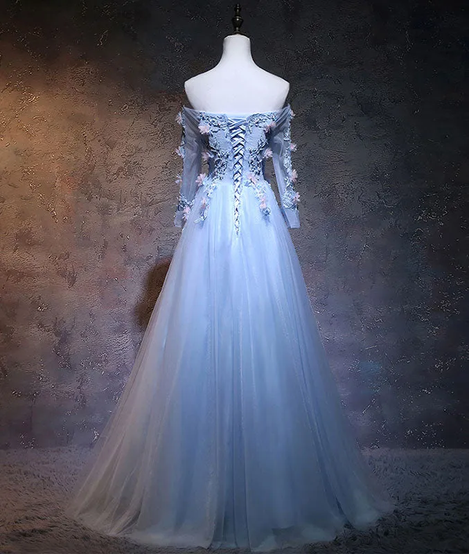 Unique tulle lace applique long prom dress, blue evening dress
