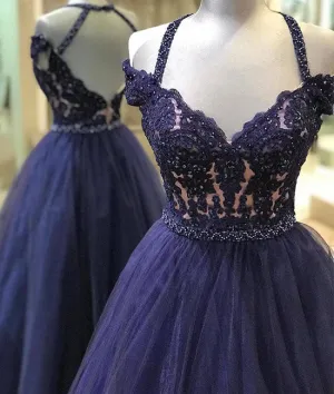 Unique tulle lace applique long prom dress, tulle evening dress