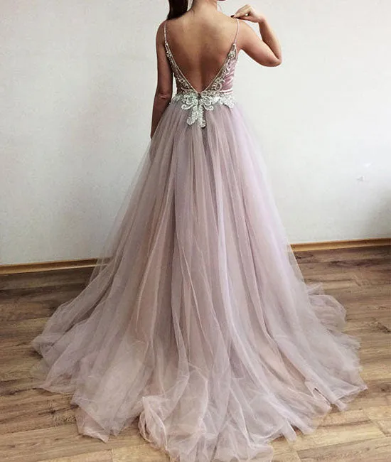 Unique v neck beads tulle long prom dress, evening dress