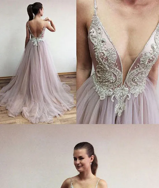 Unique v neck beads tulle long prom dress, evening dress