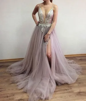 Unique v neck beads tulle long prom dress, evening dress