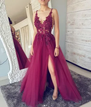 Unique v neck tulle beads lace long prom dress, tulle evening dress