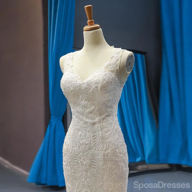 V Neck Lace Mermaid Wedding Dresses, Cheap Wedding Gown, WD721