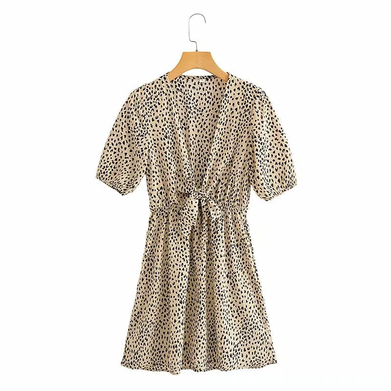 V-neck Lace-up Floral Animal Printed Mini Dresses