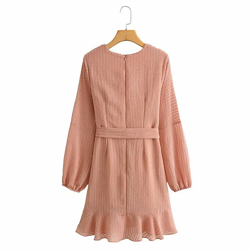 V-neck Lace-up Ruffled Lantern Sleeve Mini Dresses