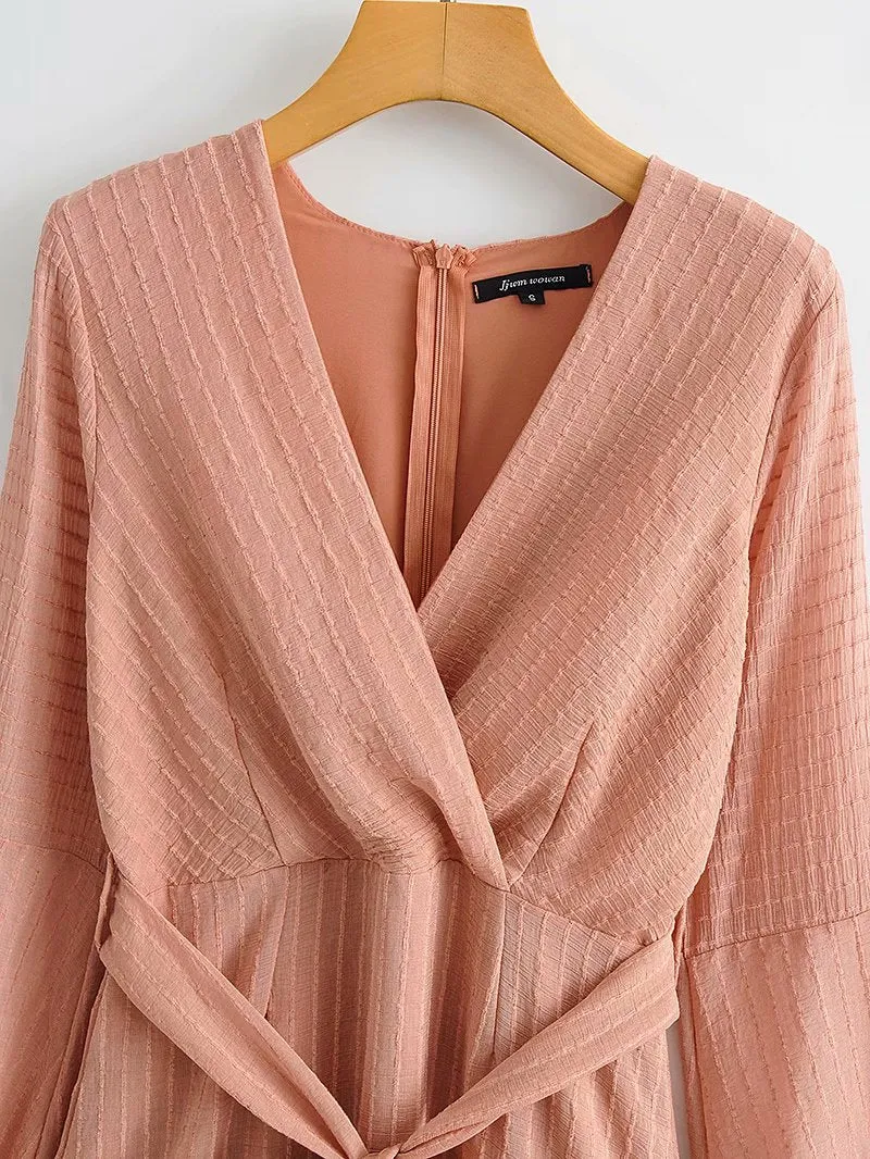 V-neck Lace-up Ruffled Lantern Sleeve Mini Dresses