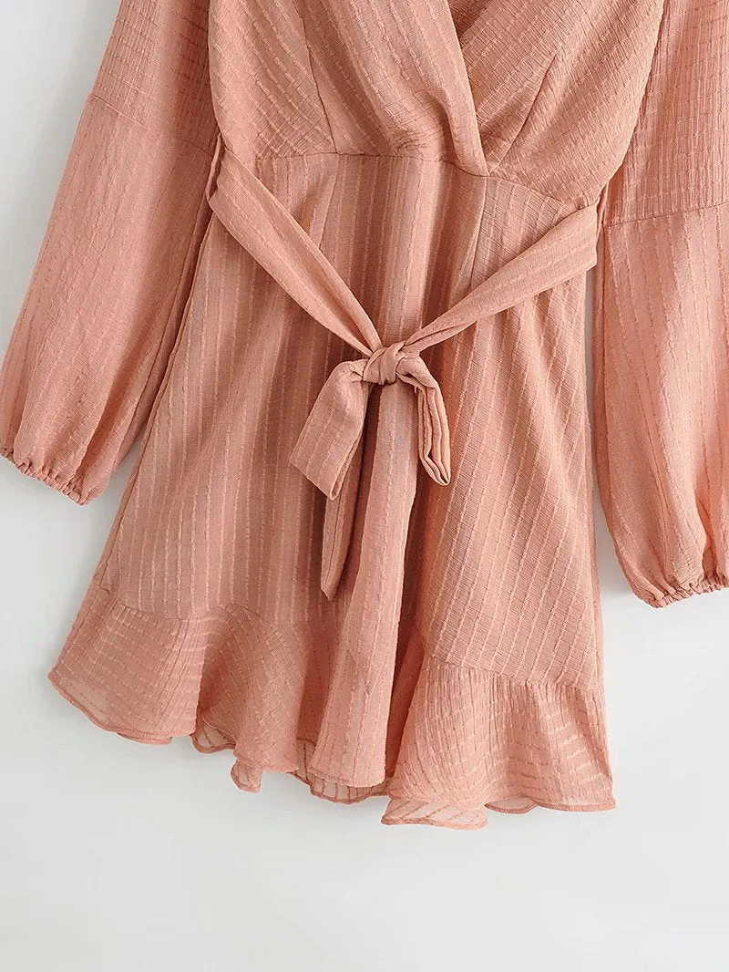 V-neck Lace-up Ruffled Lantern Sleeve Mini Dresses