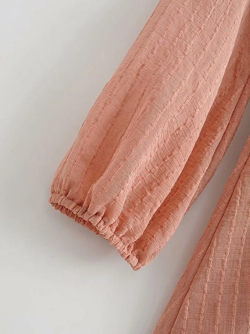 V-neck Lace-up Ruffled Lantern Sleeve Mini Dresses