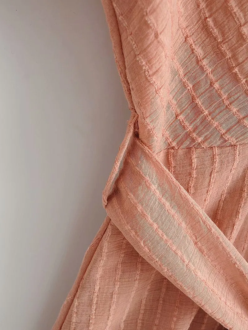 V-neck Lace-up Ruffled Lantern Sleeve Mini Dresses