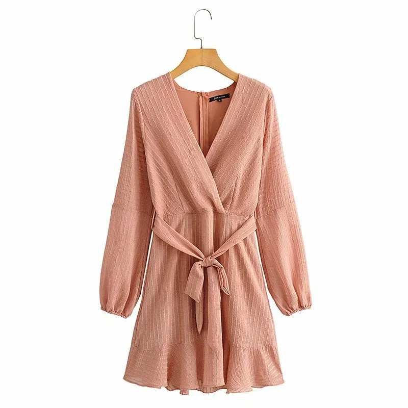 V-neck Lace-up Ruffled Lantern Sleeve Mini Dresses