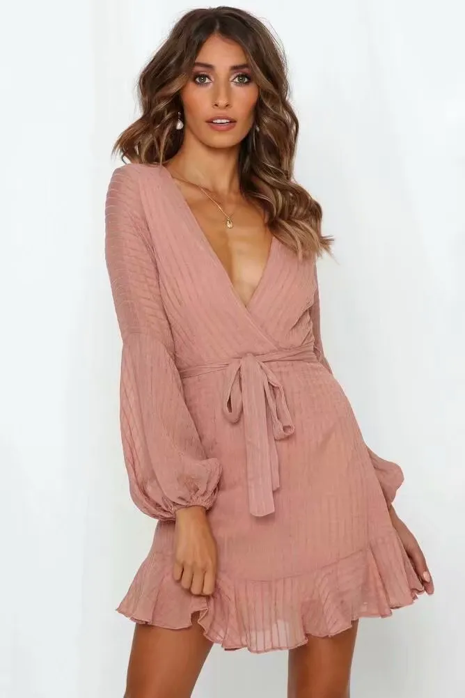 V-neck Lace-up Ruffled Lantern Sleeve Mini Dresses