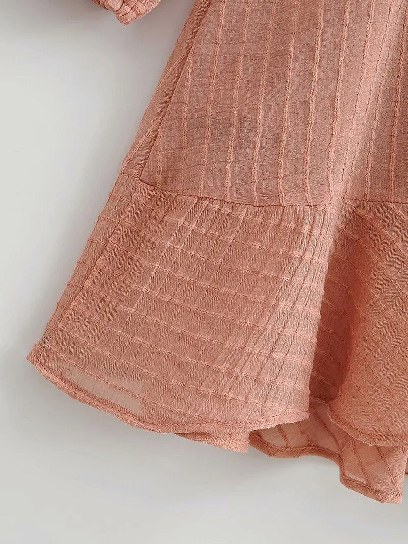V-neck Lace-up Ruffled Lantern Sleeve Mini Dresses