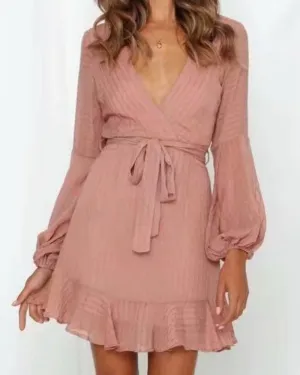V-neck Lace-up Ruffled Lantern Sleeve Mini Dresses