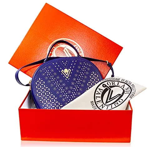 Valentino Orlandi Women's Large Handbag Italian Designer Circle Purse Bowling Bag Top Handle Tanzanite Blue Embroidered Genuine Leather Statement Bag in Laser Cut Gold Design