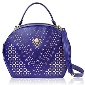 Valentino Orlandi Women's Large Handbag Italian Designer Circle Purse Bowling Bag Top Handle Tanzanite Blue Embroidered Genuine Leather Statement Bag in Laser Cut Gold Design