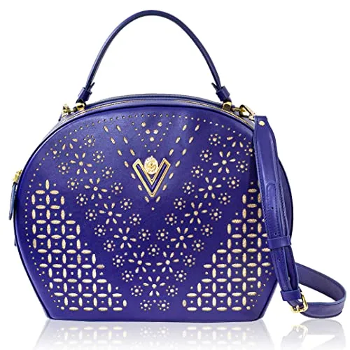 Valentino Orlandi Women's Large Handbag Italian Designer Circle Purse Bowling Bag Top Handle Tanzanite Blue Embroidered Genuine Leather Statement Bag in Laser Cut Gold Design