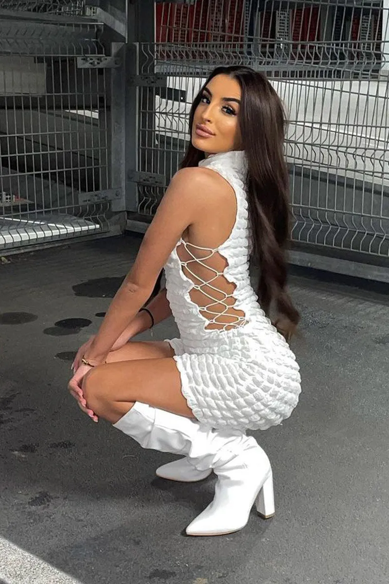 White Puff Fabric Lace Up Playsuit - Delphi