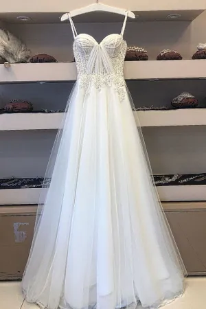 White Spaghetti Straps Tulle Lace Appliques Long Prom Dress Evening Dress OKS624
