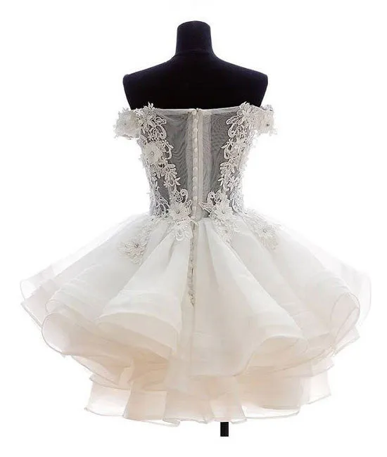 White sweetheart lace applique short prom dress, cute white homecoming dress