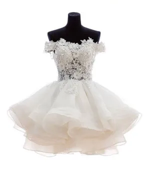 White sweetheart lace applique short prom dress, cute white homecoming dress