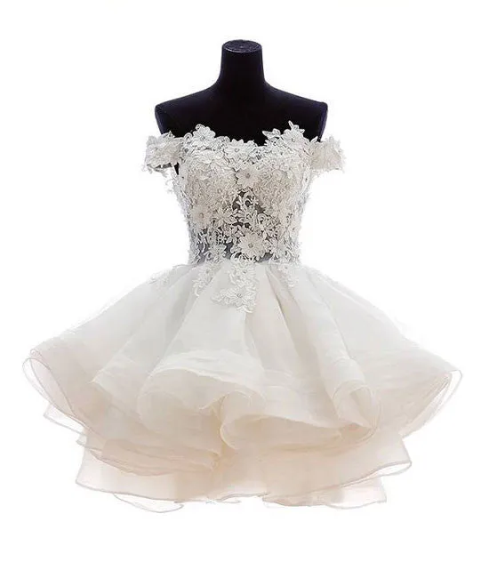 White sweetheart lace applique short prom dress, cute white homecoming dress