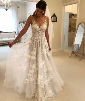 White v neck tulle lace applique long prom dress, white evening dress