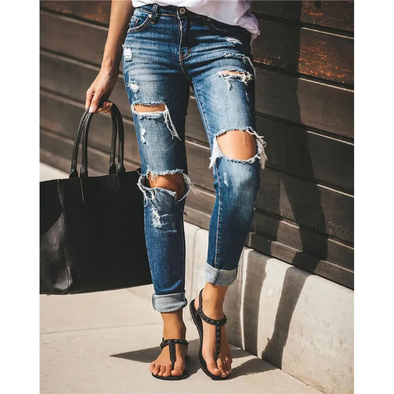 Women Casual Mid Waist Skinny Ripped Jeans Denim Pencil Pants
