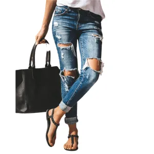 Women Casual Mid Waist Skinny Ripped Jeans Denim Pencil Pants
