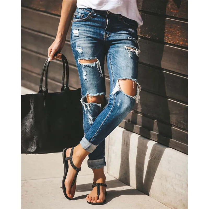 Women Casual Mid Waist Skinny Ripped Jeans Denim Pencil Pants