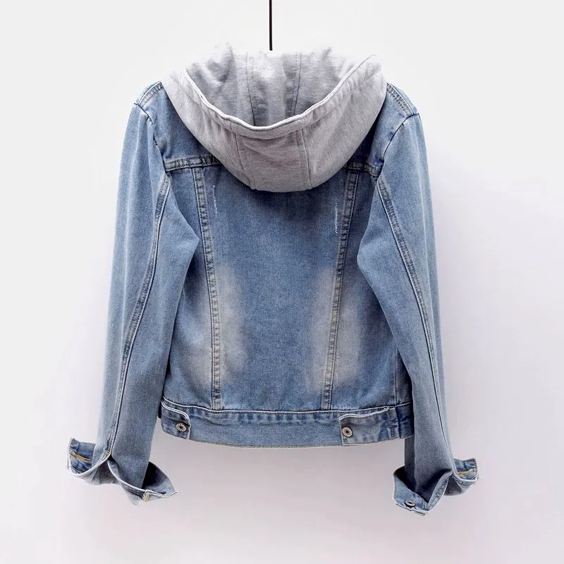 Women's Fashion Street Style Denim Jacket Urban Streetwear with Remove Hooded