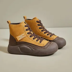 Women's Round Toe Leather Lace Up Sneakers