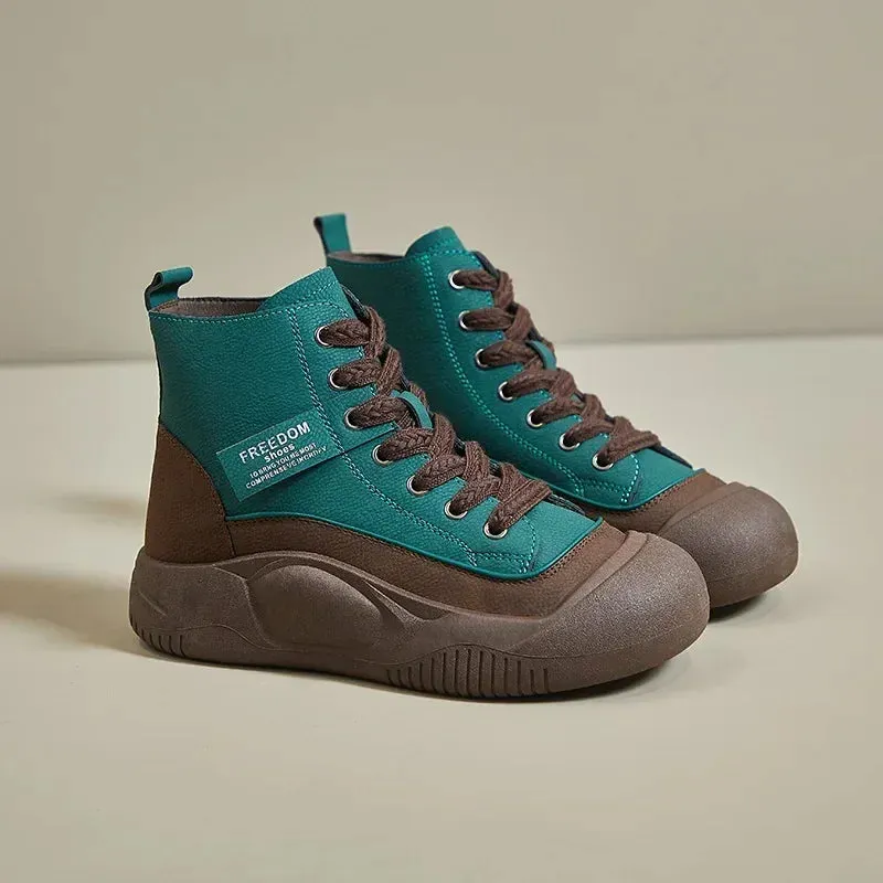 Women's Round Toe Leather Lace Up Sneakers