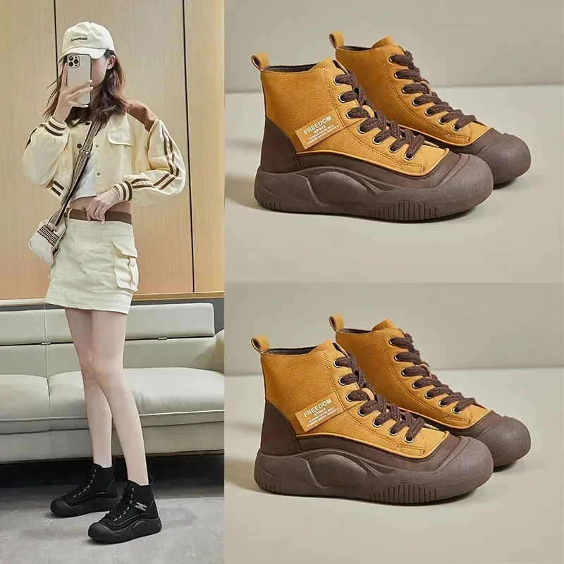 Women's Round Toe Leather Lace Up Sneakers