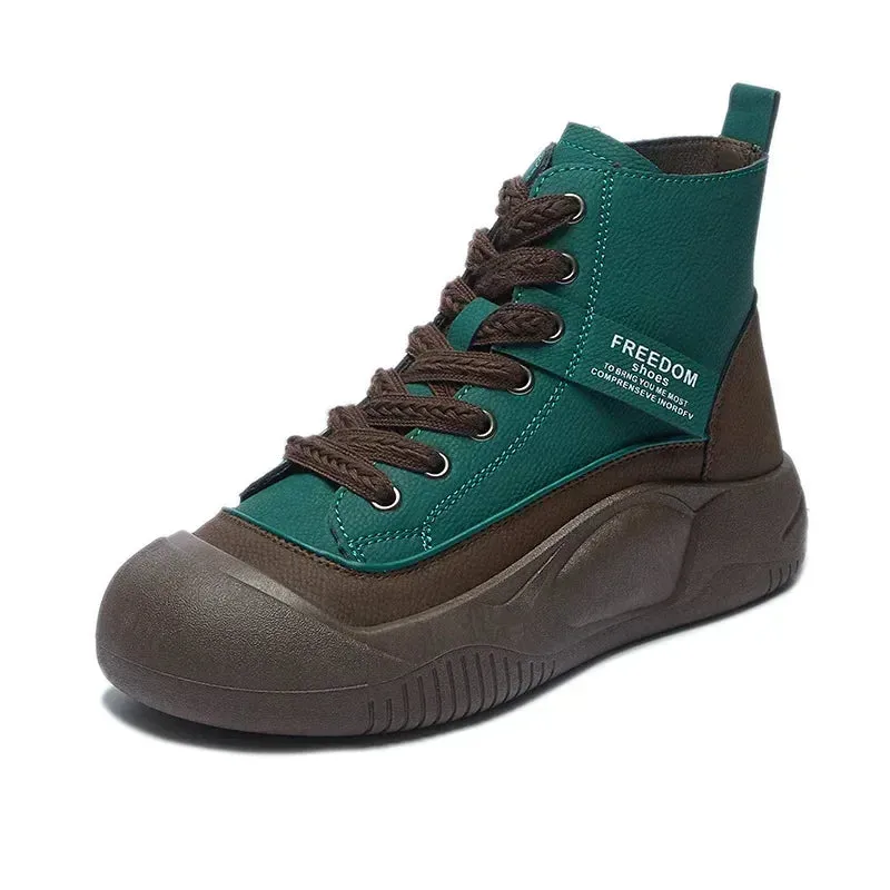 Women's Round Toe Leather Lace Up Sneakers