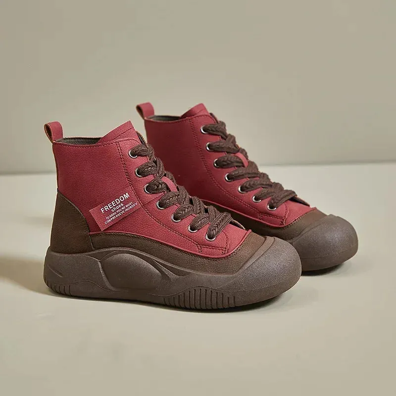 Women's Round Toe Leather Lace Up Sneakers