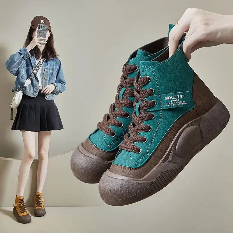 Women's Round Toe Leather Lace Up Sneakers