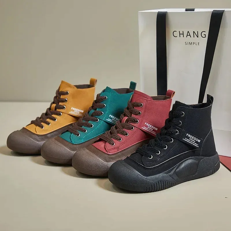 Women's Round Toe Leather Lace Up Sneakers