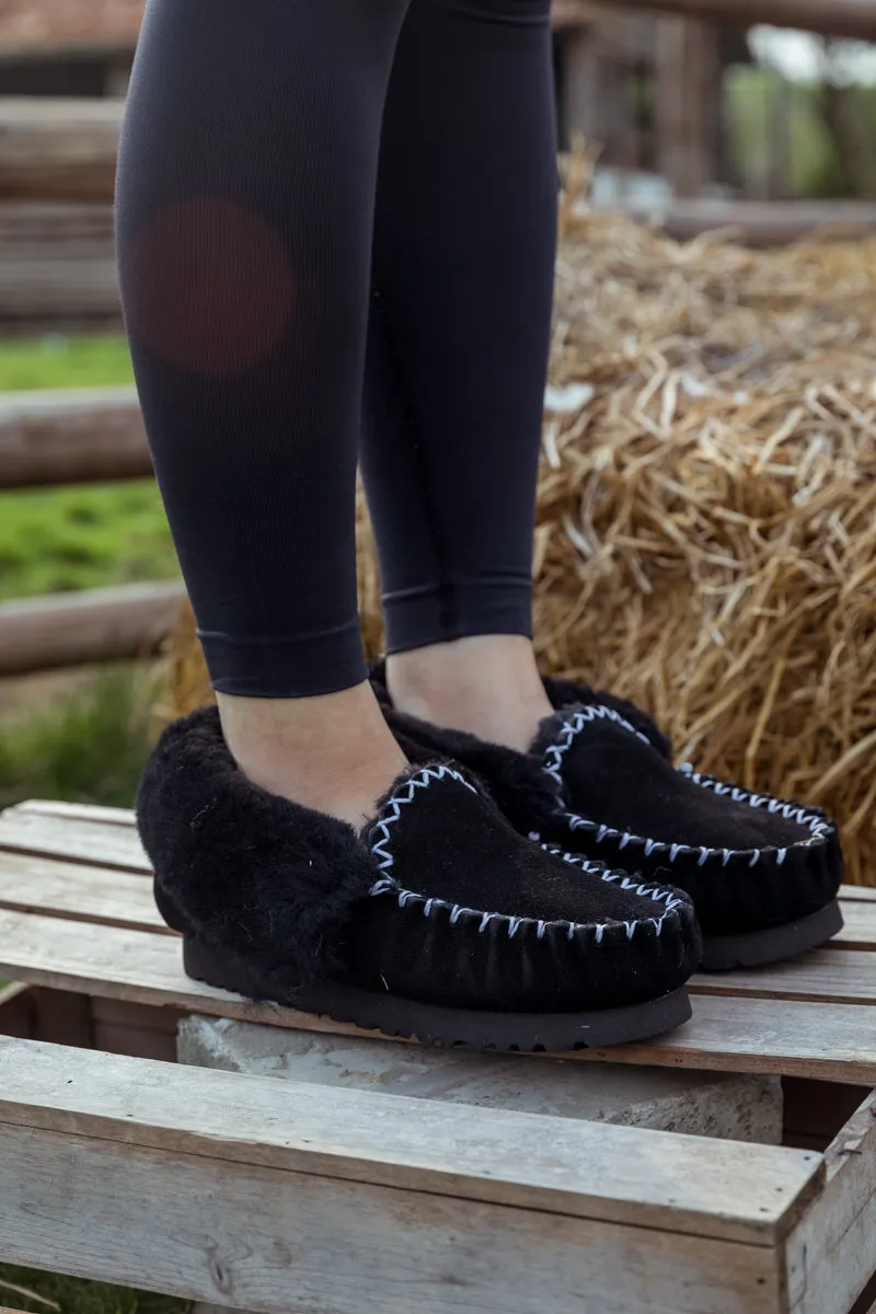 Wool Lined Suede Tasman Slipper Moccasin - Black