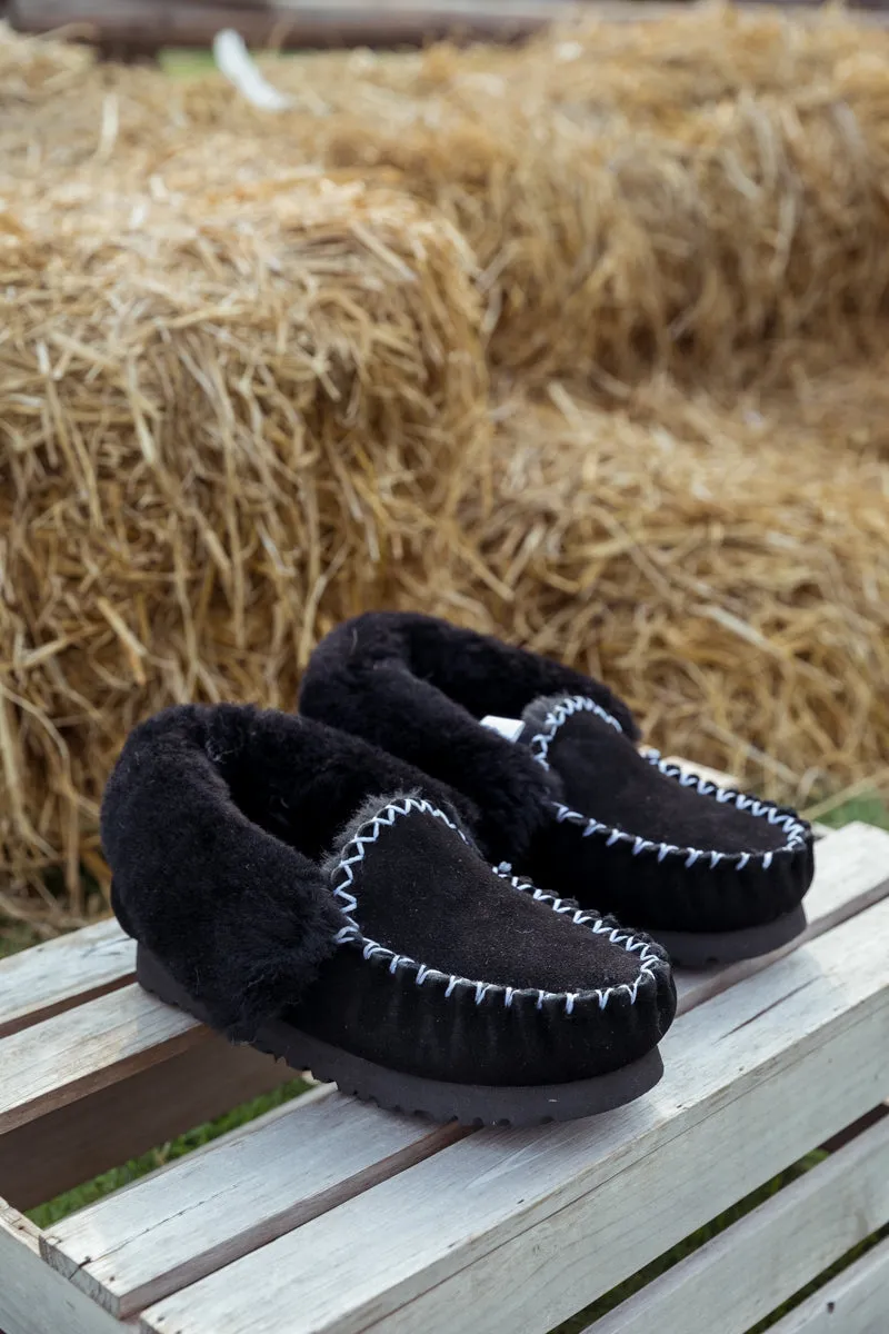 Wool Lined Suede Tasman Slipper Moccasin - Black