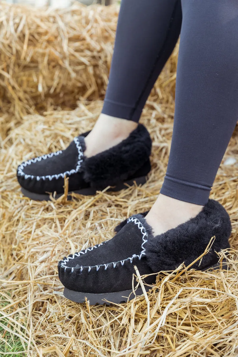 Wool Lined Suede Tasman Slipper Moccasin - Black