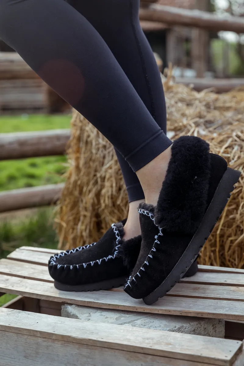 Wool Lined Suede Tasman Slipper Moccasin - Black
