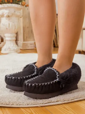 Wool Lined Suede Tasman Slipper Moccasin - Black